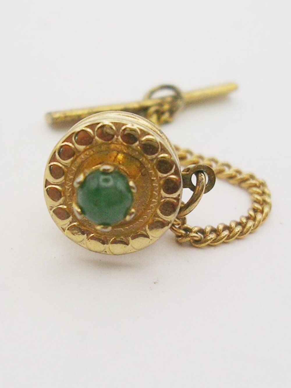 Vintage Tie Tack Pin with Chain genuine Jade Pearl classic Men Formal Wear
